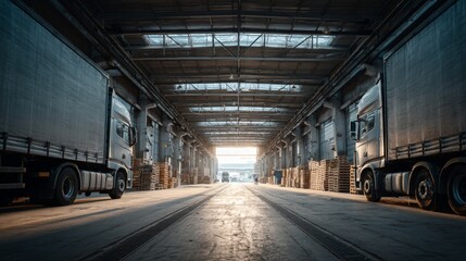 Industrial Warehouse with Trucks and Sunlight