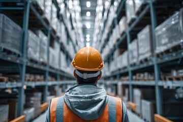 Worker in Warehouse with Safety Gear and Supplies