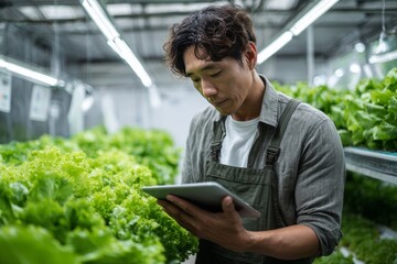 Young Man Using Tablet in Greenhouse with Lettuce