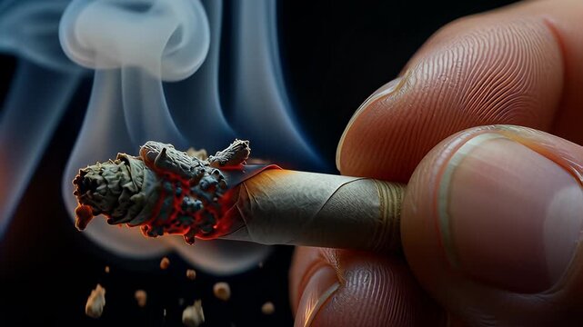 Macro close-up of a hand lighting a rolled hashish joint with a lighter flame, capturing thick smoke and burning embers against a dark background in cinematic slow motion.