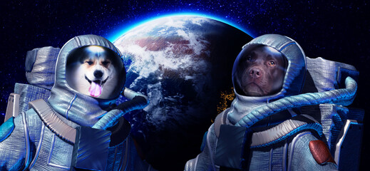 Astronaut dogs against planet in space. Banner design