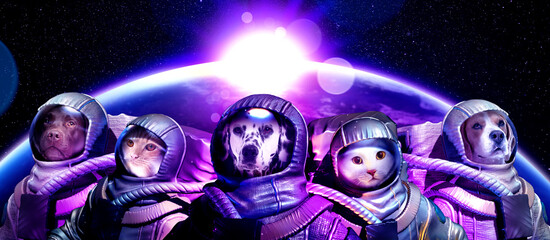 Team of astronaut animals against planet in space. Banner design