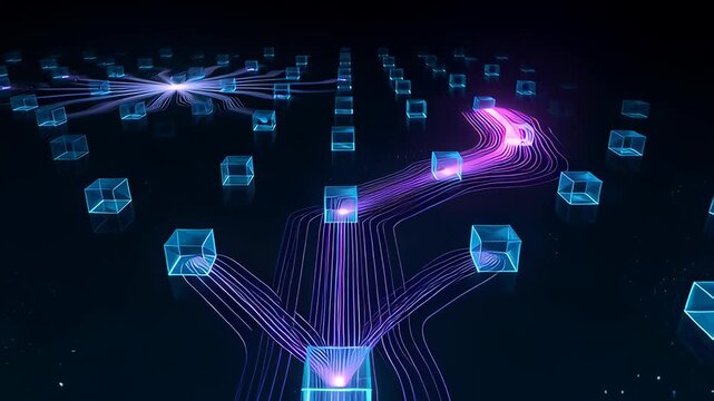 Futuristic 3D animation of glowing purple data streams flowing through a grid of neon blue cubes, illustrating neural network connectivity and high-speed information transfer concepts.