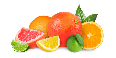 Citrus fruits isolated on white. Fresh oranges, lemon, limes and grapefruit