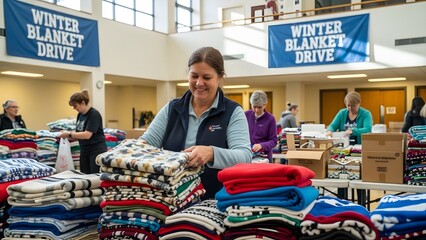 Volunteers sorting and organizing blankets for a winter blanket drive, spreading warmth and generosity during the cold season