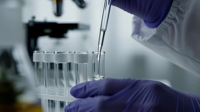 Macro shot of scientist hands in blue gloves dispensing clear liquid drops from a pipette into test tubes in a laboratory, symbolizing scientific research and formulation