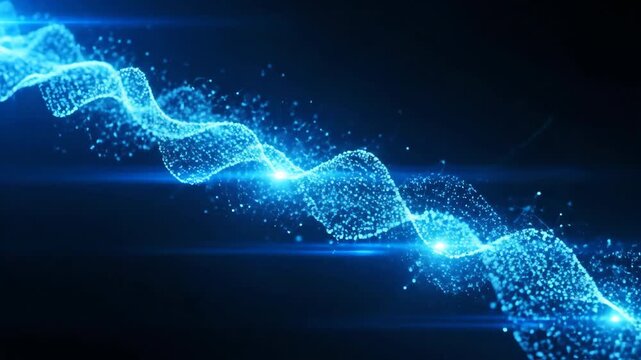 Digital wave of glowing blue particles data flow and network connection