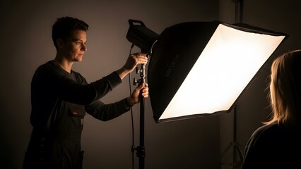 Photographer setting up lighting for a photo shoot. A person adjusts the studio light, creating a professional setting