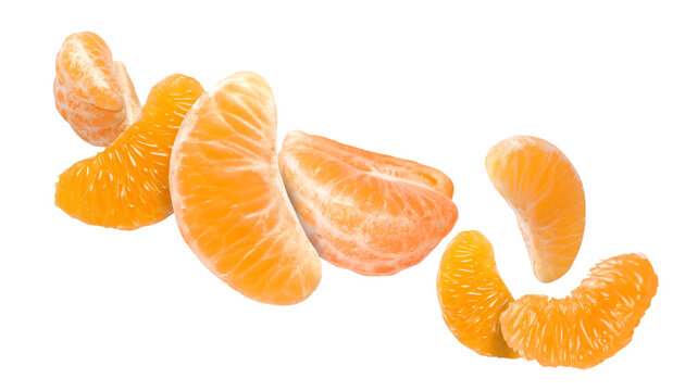 Juicy tangerine pieces flying in air on white background