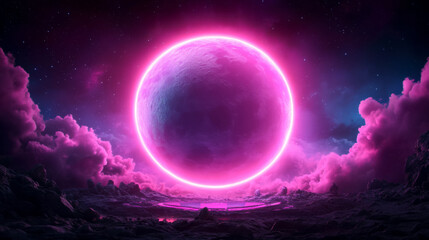Neon pink moon with crystalline turquoise crater under starry sky for futuristic design