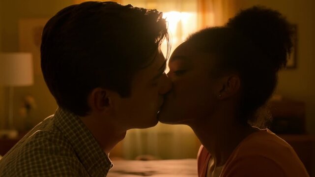 An intimate moment of two individuals in embrace, sharing a tender kiss, portraying feelings of love and connection. Their closeness reflects a moment of deep affection. Stock Video