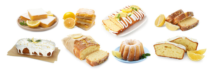 Delicious lemon pies isolated on white, set