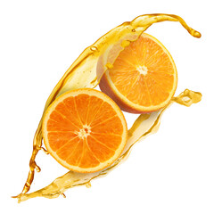 Orange with splash of citrus juice on white background