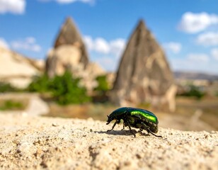 A shiny emerald beetle rests on a sandy surface, dramatic rock formations in background