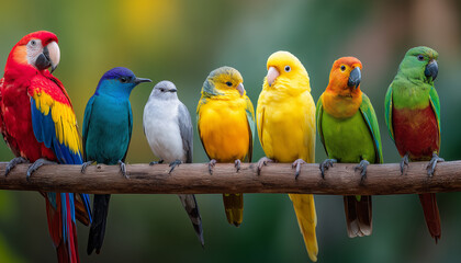 Obraz premium A group of colorful birds sitting on a branch together