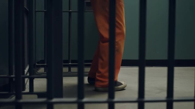 A person wearing orange prison uniform behind bars Stock Video