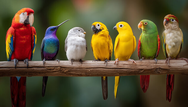 A group of colorful birds sitting on a branch together