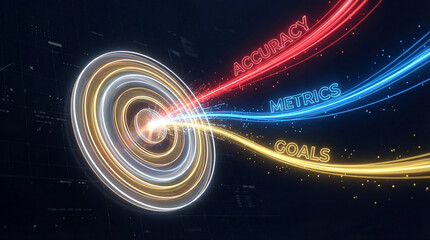 Neon data rays labeled accuracy, metrics and goals converge on a glowing bullseye, visualizing precise analytics, performance tracking and strategic business success in a futuristic scene