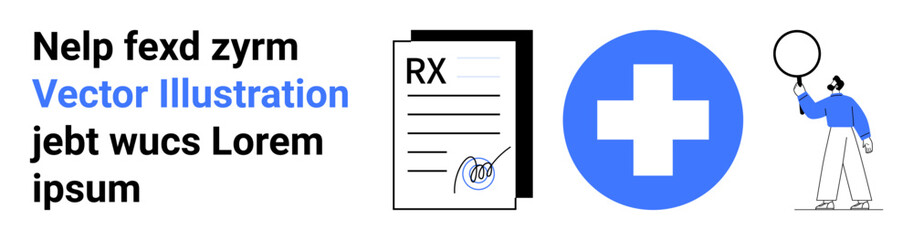 Prescription document with pen, blue medical cross, person holding balloon. Ideal for healthcare, medical services, wellness, pharmacy, education, branding simple landing page