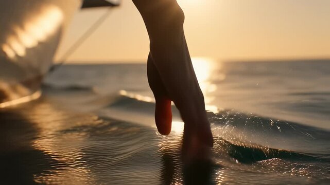 Close up of a hand gently caressing the golden ocean water from a sailboat at sunset, symbolizing summer travel freedom and peaceful vacation vibes.