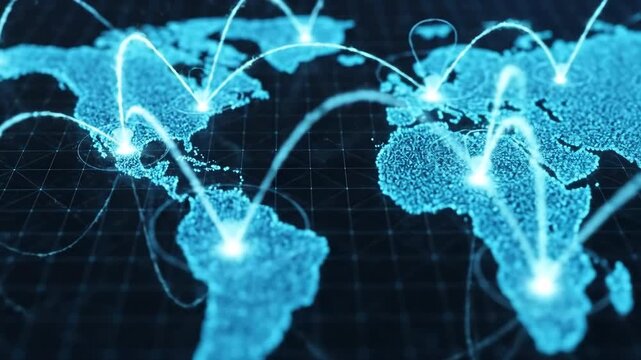 Digital world map showing global network connections and data flow across continents