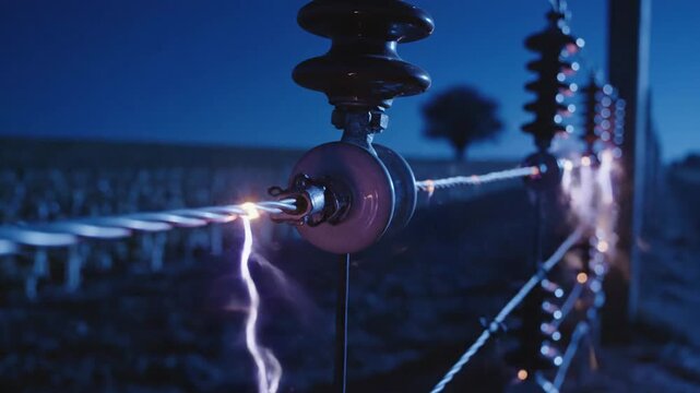 Close-up of an electric fence wire sparking with contained energy against a dark rural background at night