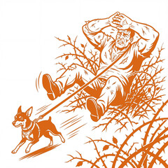 Man struggles with dog while getting pulled through bushes in color: vivid orange 2