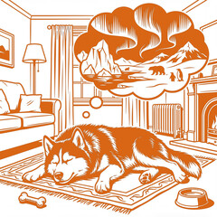Dog dreams of mountains and bears in living room in color: vivid orange 2