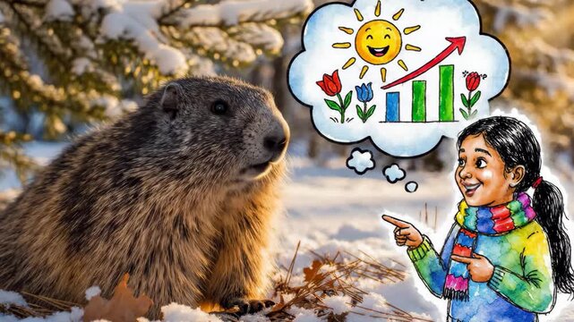 Groundhog Day celebration with a girl talking to a groundhog about spring growth and food