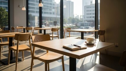 Fototapeta premium Cozy modern cafe interior with sunlight and urban view from large windows