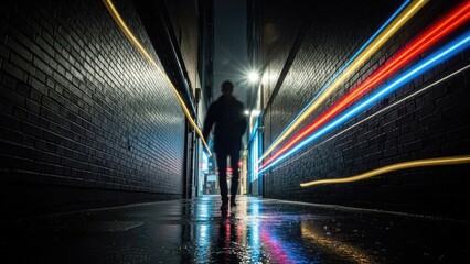 Mysterious silhouette walking in illuminated alleyway at night
