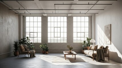 Spacious industrial living room with large windows and indoor plants