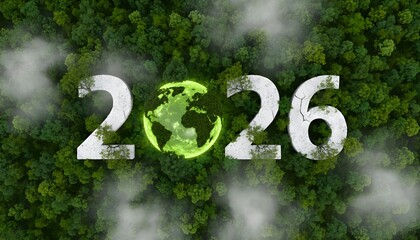 Year 2026 with glowing Earth icon set against a lush green forest canopy and misty clouds representing environmental future and global planning