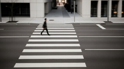 Caucasian male adult crossing urban street at empty zebra crossing