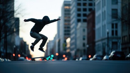 Silhouette of skateboarder performing trick at dusk in urban setting