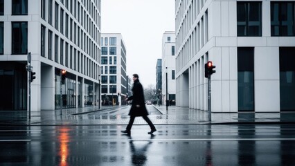 Fototapeta premium Caucasian male adult in urban street, modern architecture, rainy day, walking with umbrella