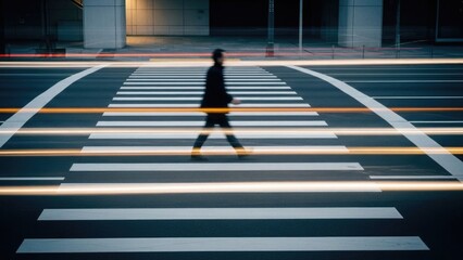 Silhouette of unknown person walking across city crosswalk at night with light trails