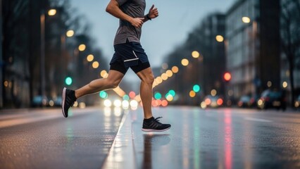 Fototapeta premium Young adult caucasian male running on wet city street at dusk with blurred lights