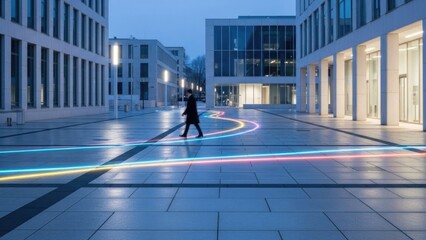 Person walking on futuristic neon path in modern urban setting at dusk