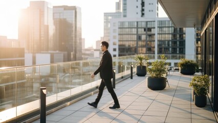 Obraz premium Asian young male walking on modern balcony with urban skyline in background