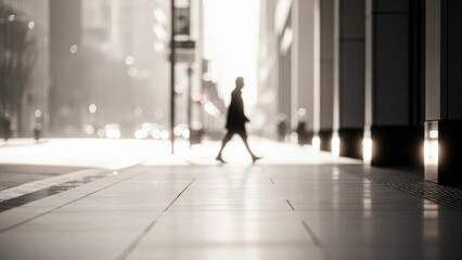 Silhouette of a person walking in sunlit urban street