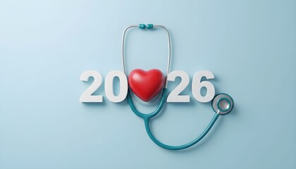 Year 2026 with a stethoscope and heart symbol representing healthcare and medical future isolated on a light blue background