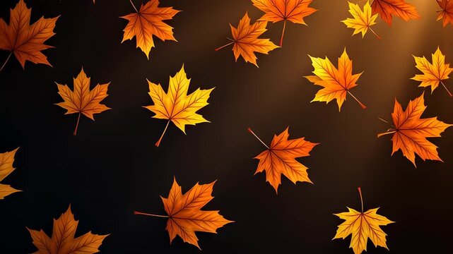 Golden orange maple leaves falling through a sunbeam on a dark background in a seamless 3D animation, illustrating autumn season and Thanksgiving holiday themes
