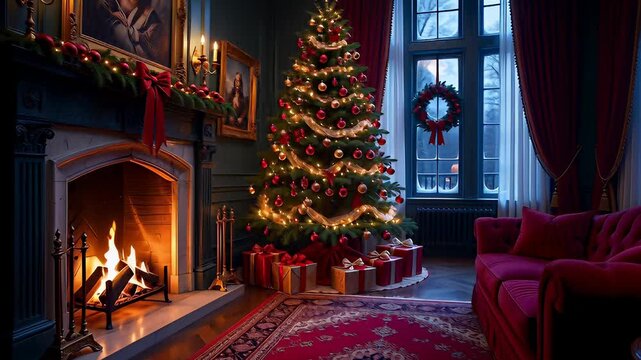 Luxurious Christmas living room featuring a glowing tree and crackling fireplace beside a red velvet sofa and snowy window in a cinematic seamless loop, ideal for festive backgrounds
