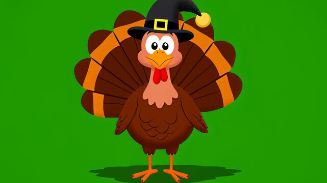 Cute cartoon turkey character wearing a pilgrim hat blinking on a green screen background, showcasing autumn Thanksgiving holiday concepts