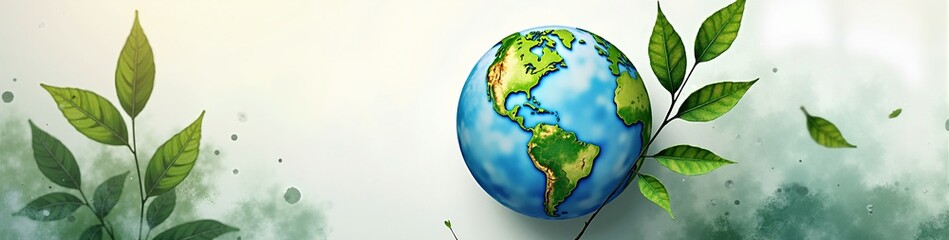 Fototapeta premium Earth Day banner with planet earth and green leaves. Environmental conservation and sustainability background. World ecology illustration with copy space.