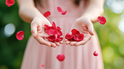 Romantic gesture of rose petals toss, celebration of love and elegance in nature