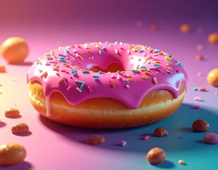 A photorealistic donut with pink frosting and colorful sprinkles