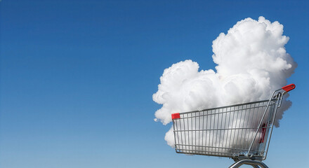 オンラインショッピング（ECや通販）を実現するクラウド技術のメタファー、雲が山盛りのショッピングカートとコピースペース