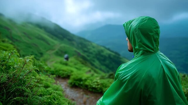 Faceless person in green rain poncho standing on misty mountain trail surrounded by foggy green hills, atmospheric hiking scene, moody landscape photography, defocused wilderness,